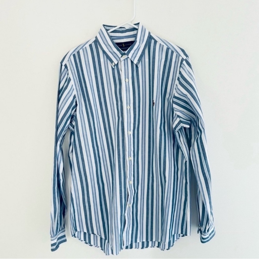 Ralph Lauren Classic Fit Oxford Blue Striped Long Sleeve Button Down Large